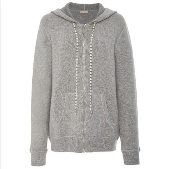 Michael Kors Collection Cashmere Diamanté-Cord Zip Hoodie Sweater Gray M - Picture 1 of 7